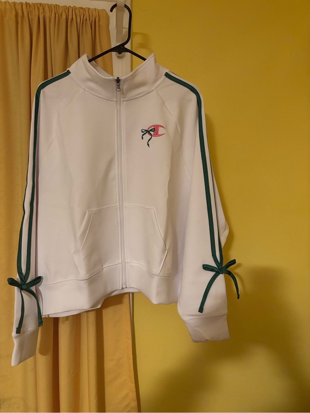 Champion White Zip-Front Varsity Jacket with Green Trim